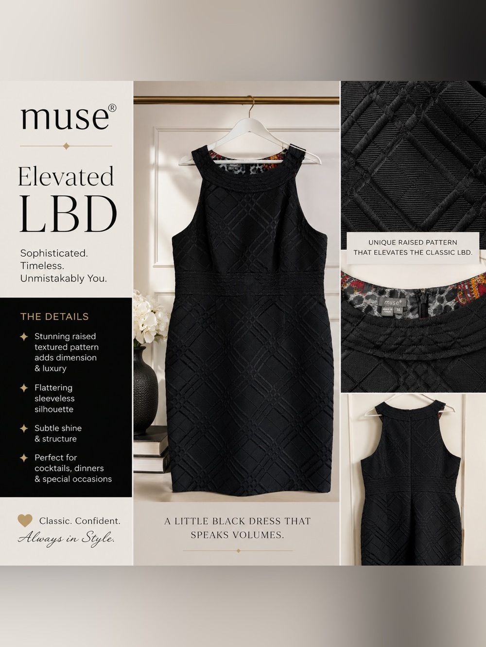 Muse Black Textured Jacquard Sheath Dress | Size 14 | Elegant Little Black Dress